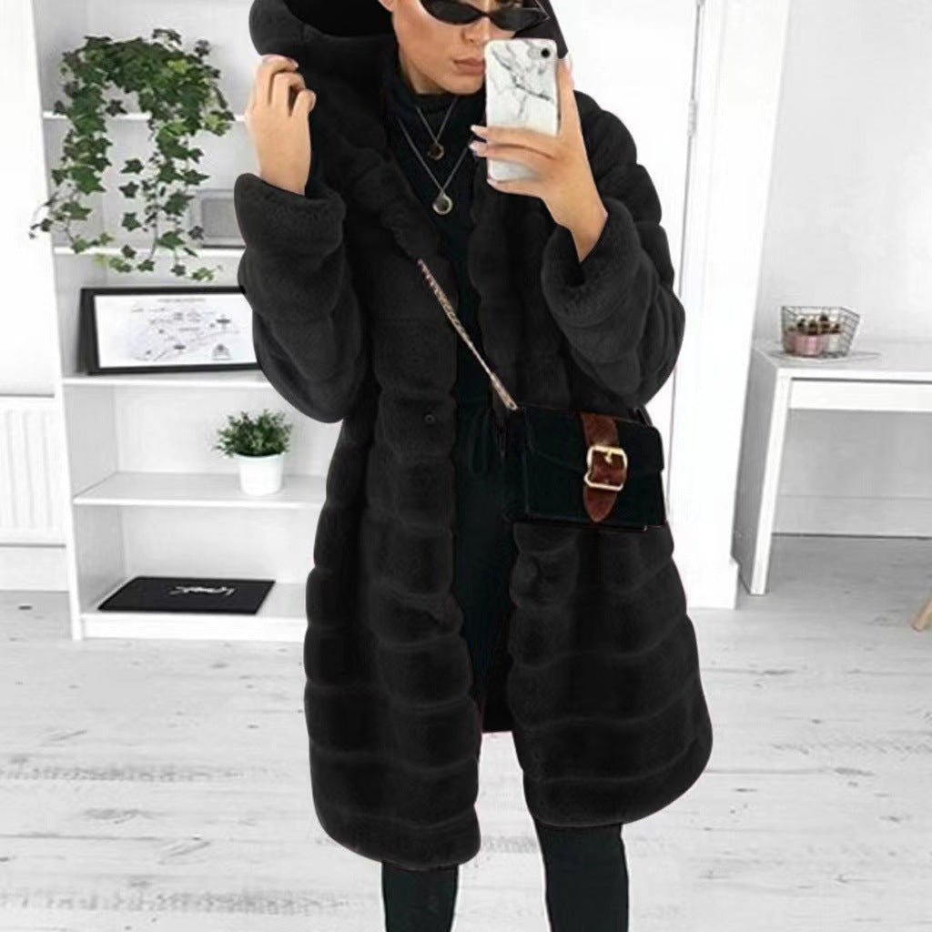 Women's Loose Korean Style Rabbit Plush Thickened Hooded Imitated Coats