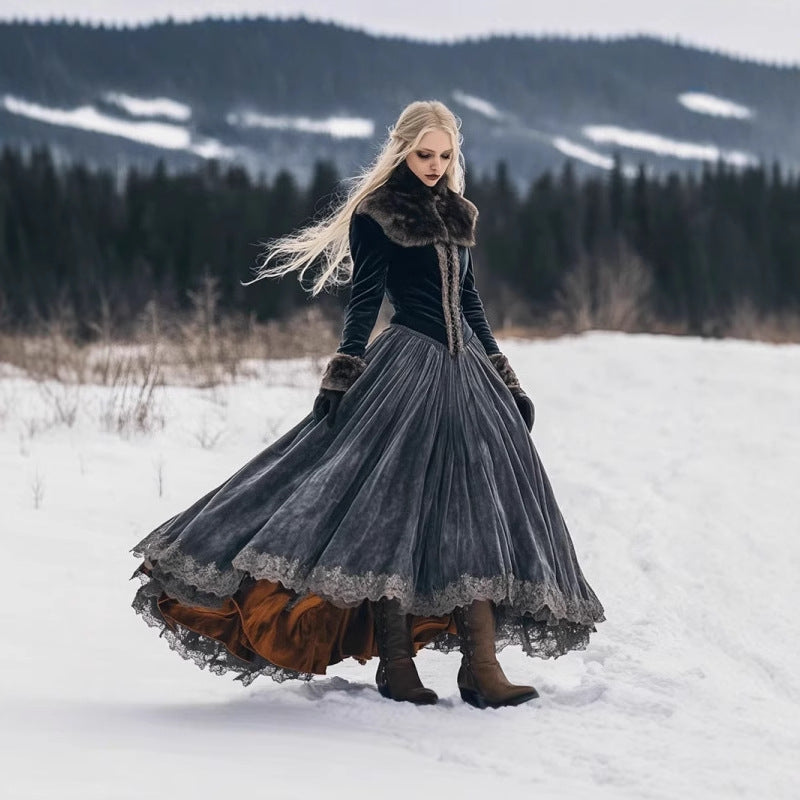Women's Long Sleeve Fur Collar Lace Dress Dresses