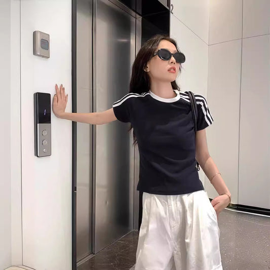 Women's Style Trendy Three Bars Contrast Color Short-sleeved Blouses