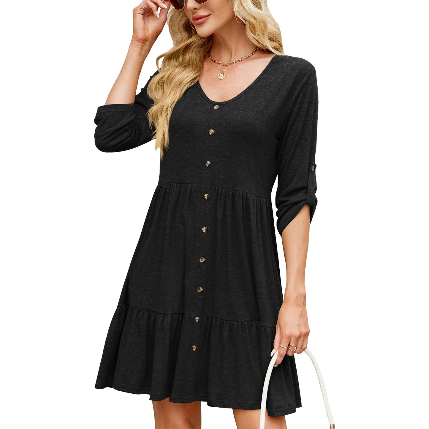 Solid Color Round Neck Button Pleated Dress