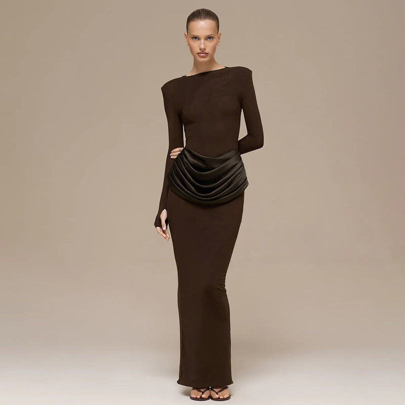 Women's Temperament Pure Color Long-sleeved Pleated Sheath Dress