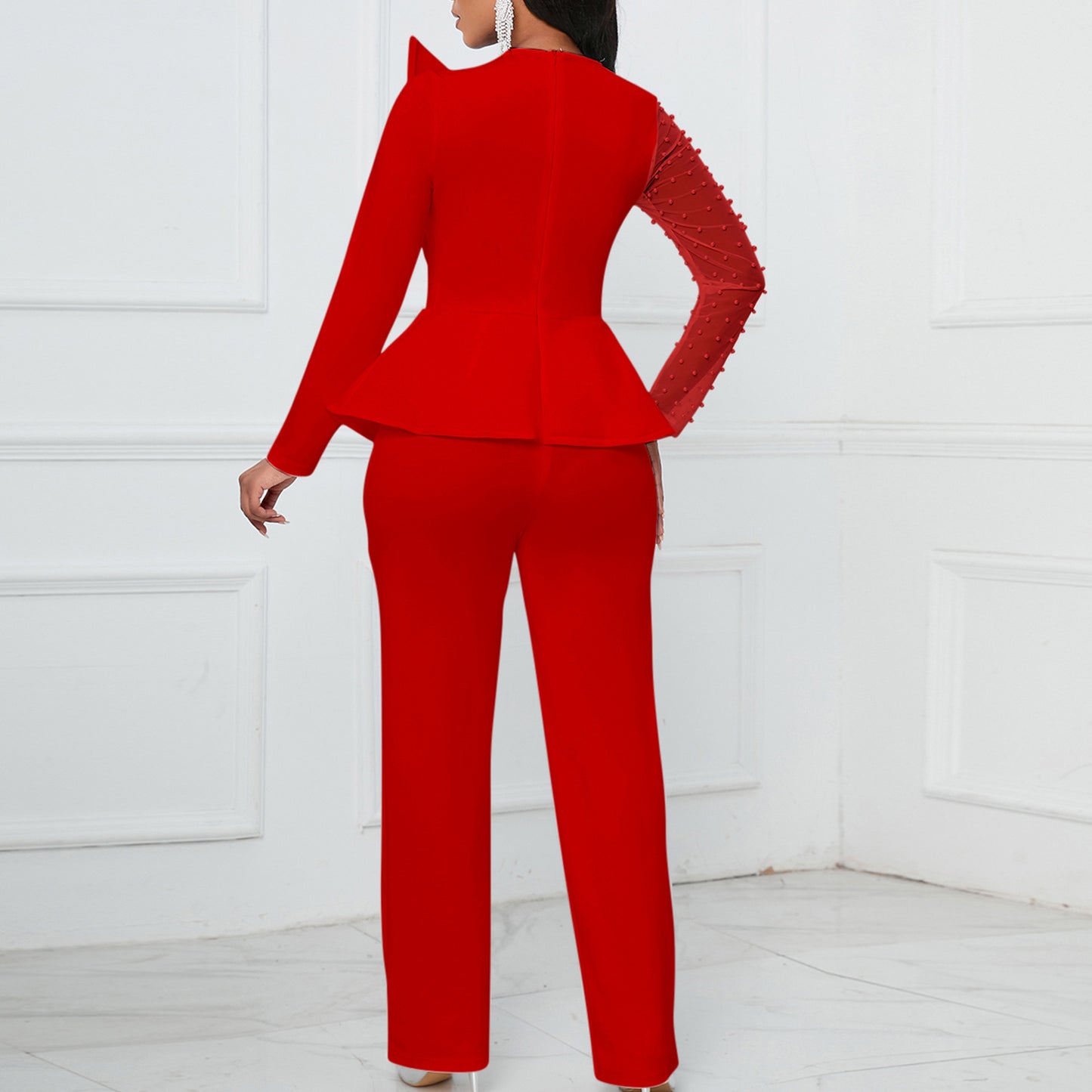 Long Sleeve Temperament Mesh Splicing Beads Jumpsuits