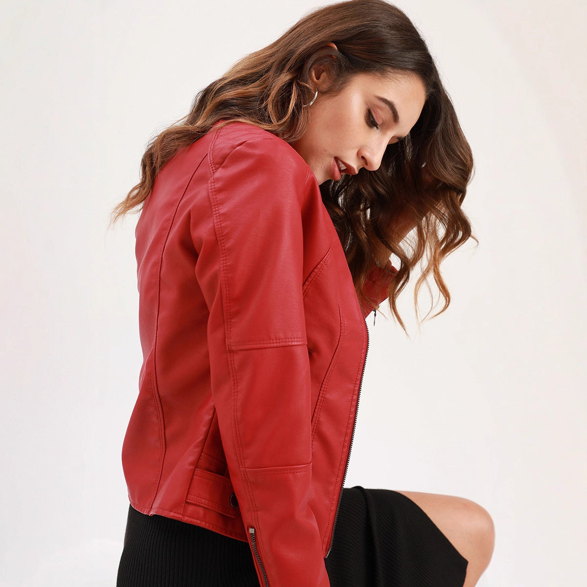 Women's Leather Slim Thin Motorcycle Stand Collar Jackets