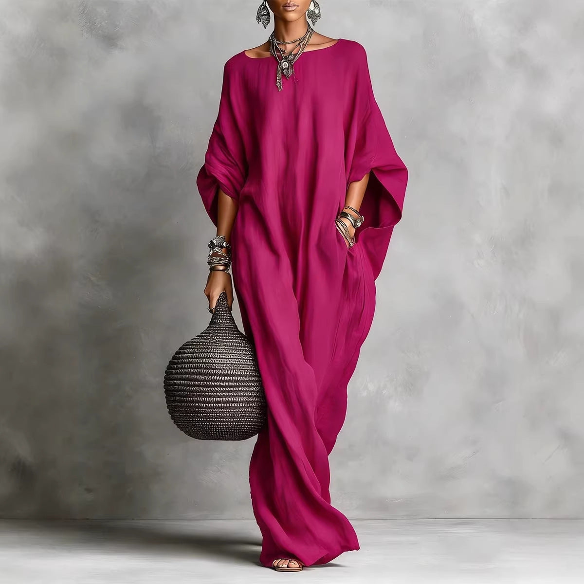 Women's Retro Solid Color Temperament Long Sleeve Dress