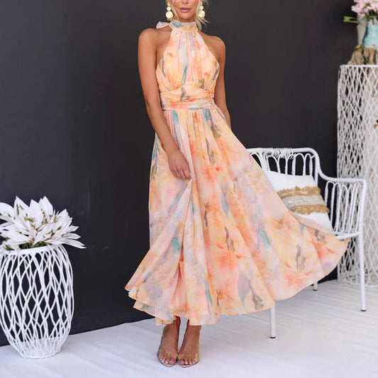Women's Summer Vacation Style Sleeveless Printed Backless Clothing