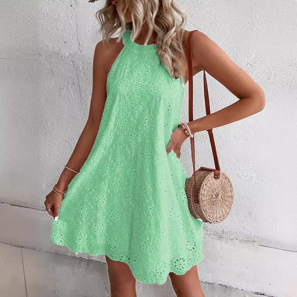 Women's Summer Lace Solid Color Sleeveless Button Dresses