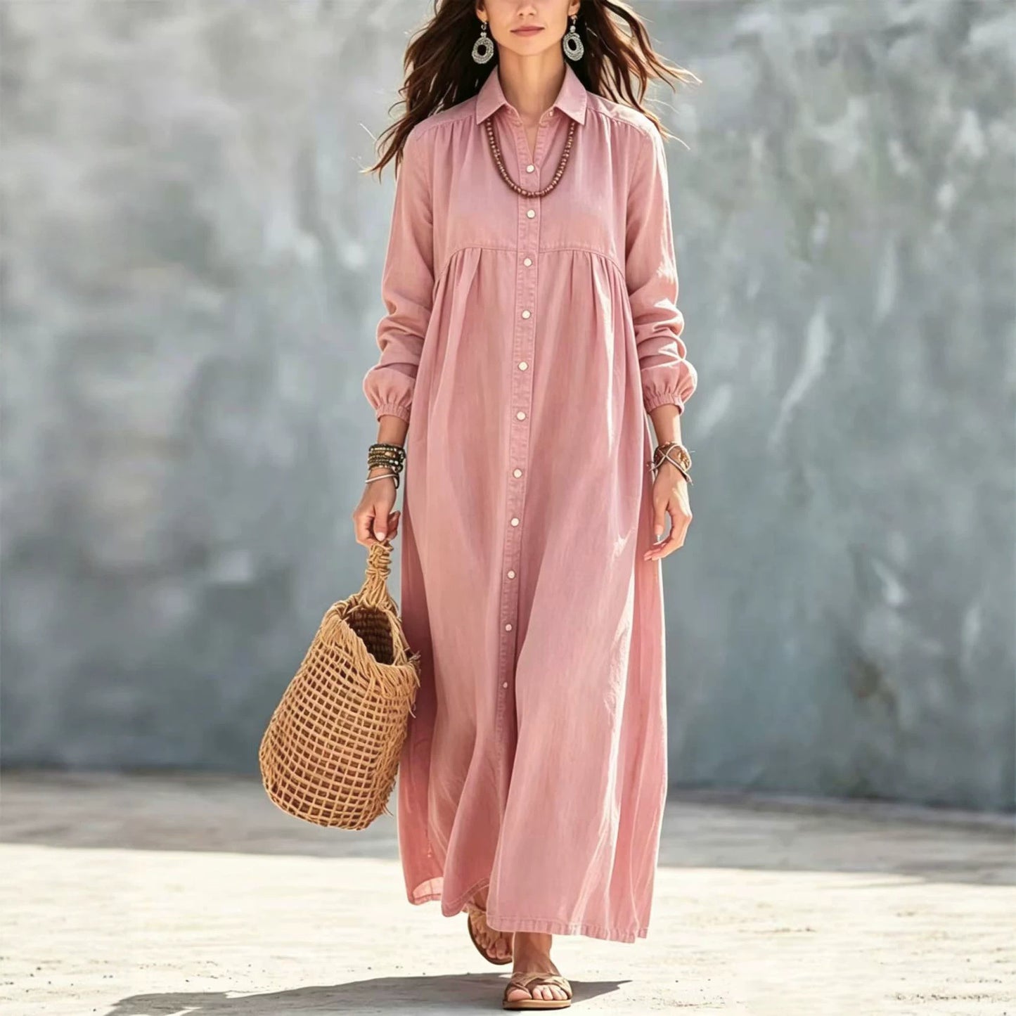 Women's Color Shirt Loose Button Lapel Casual Long Dress