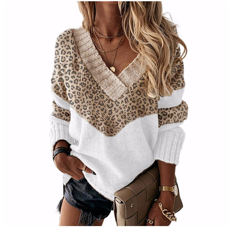 Collar Pullover Color Matching Striped Leopard Tops