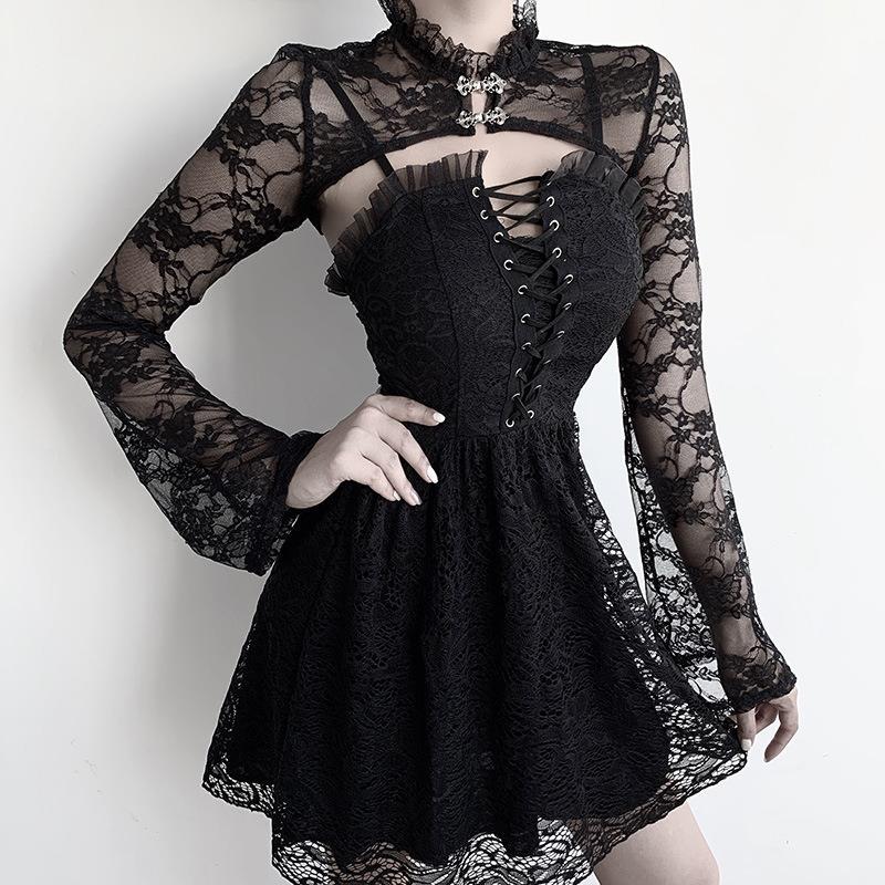 Bell Sleeve Black Stand-up Collar V Blouses