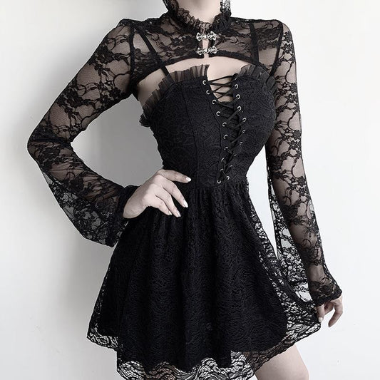 Bell Sleeve Black Stand-up Collar V Blouses