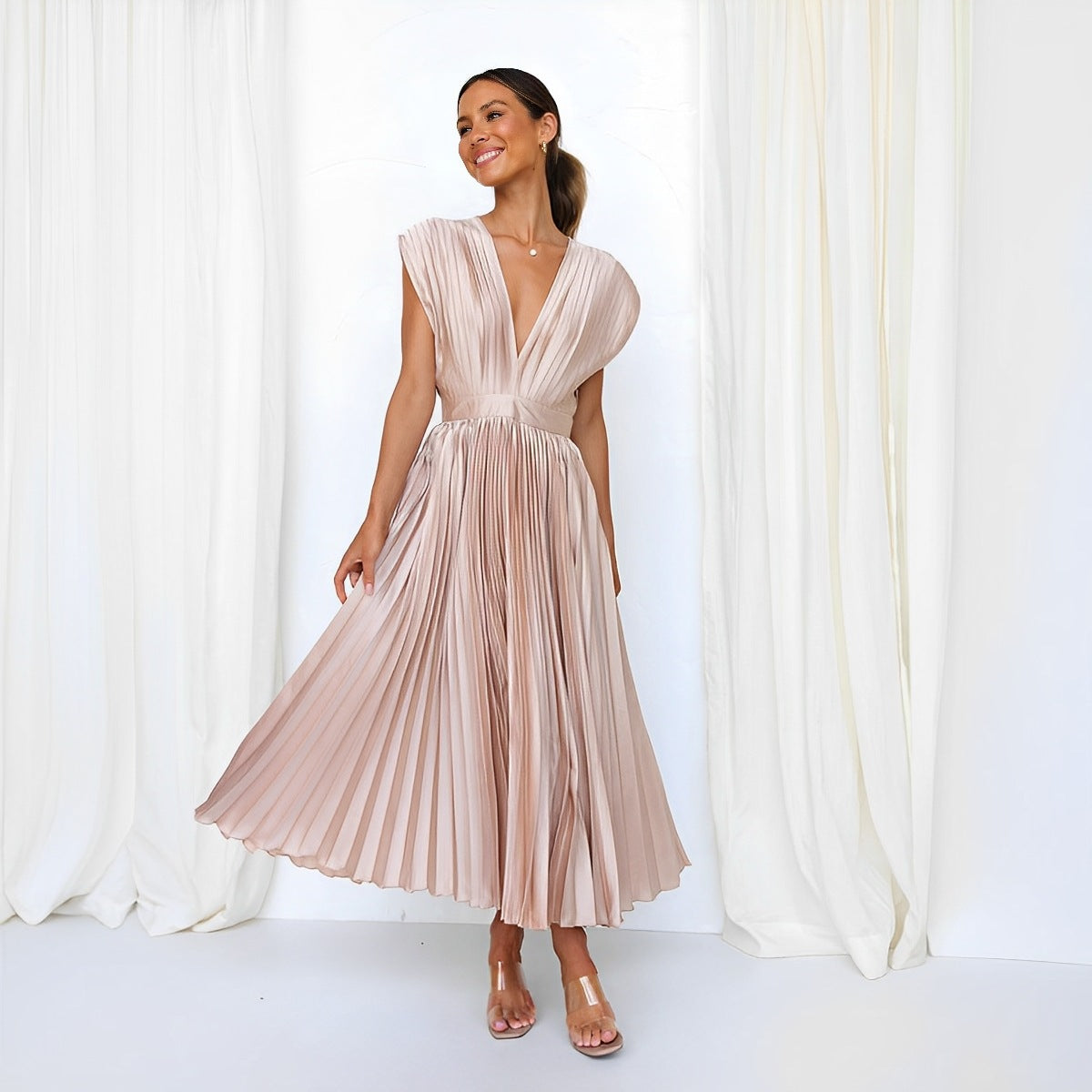 Elegant Women's Satin Pleated Invisible Zipper Dress