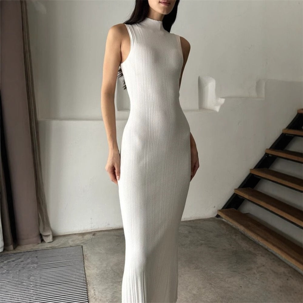 Women's Knitted Turtleneck Sleeveless Tight Midi Elegant Skirts