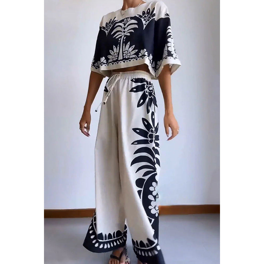 Women's Sleeve Loose Vacation Elastic Waist Two-piece Suits