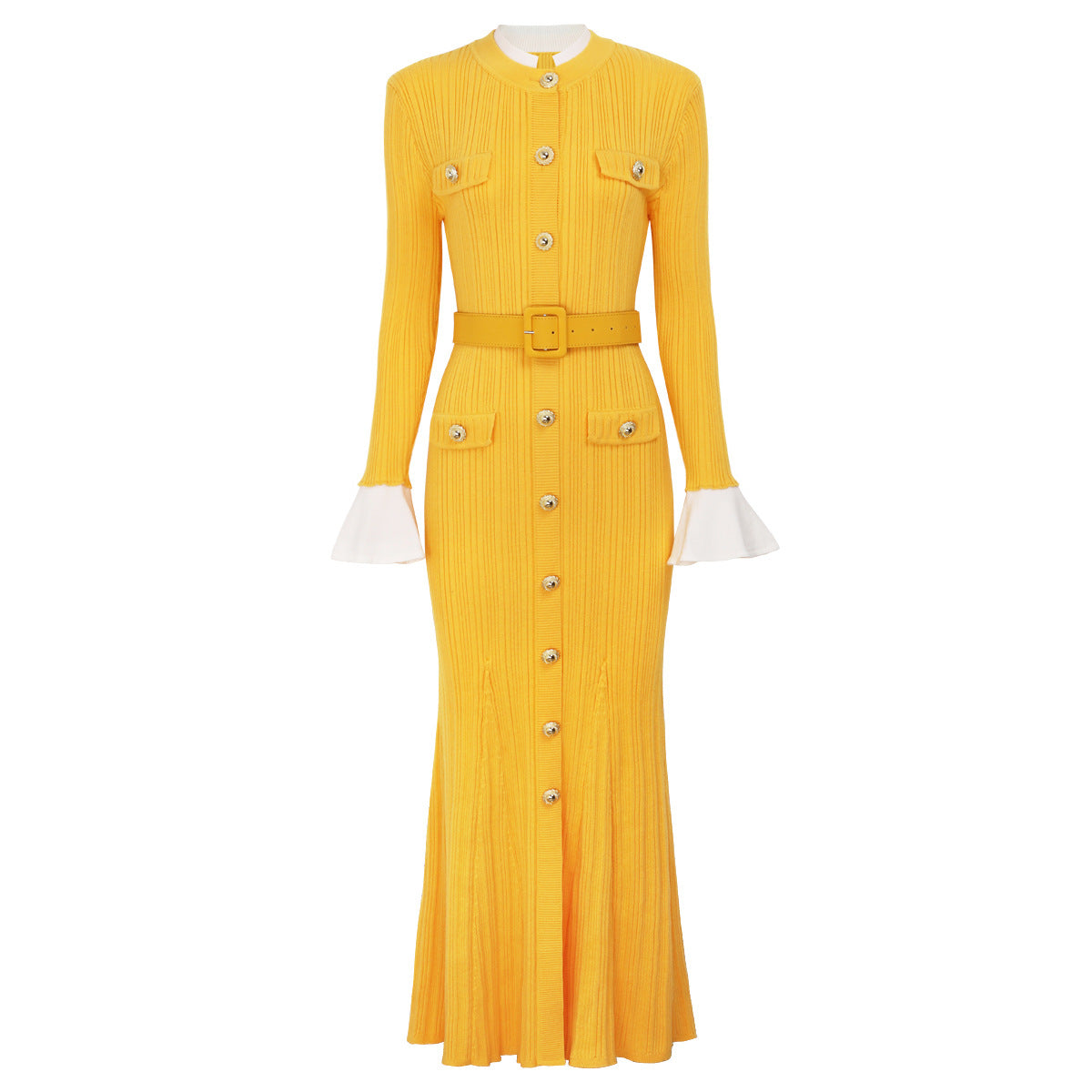 Long Sleeve Round Neck Belt Knitted Slim Dresses