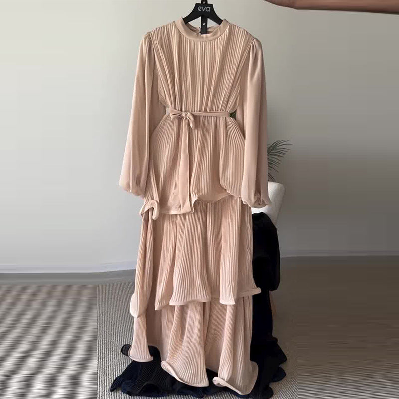 Women's Round Neck Long Sleeve Ruffled Strap Dresses