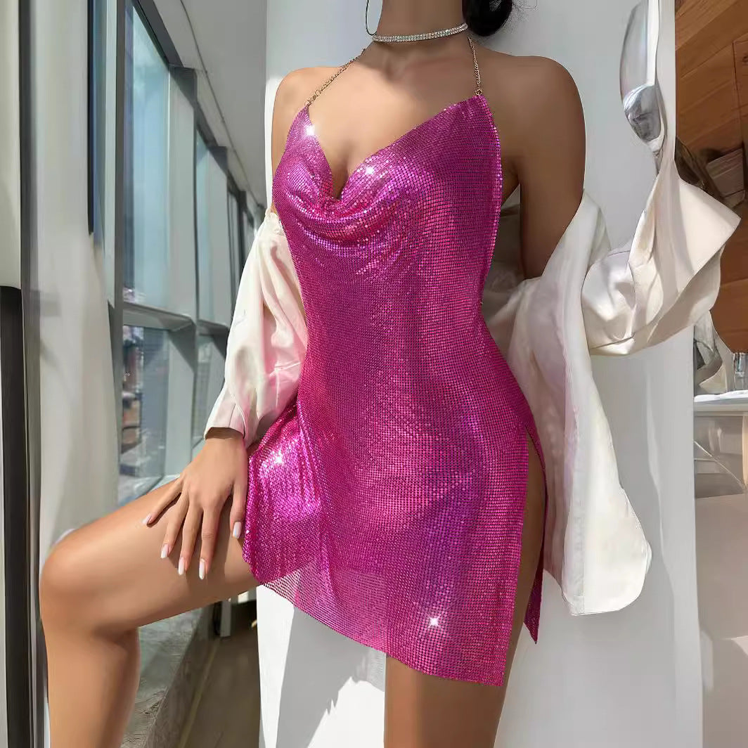 Women's Nightclub Backless Metal Sequins Brace Halter Dresses