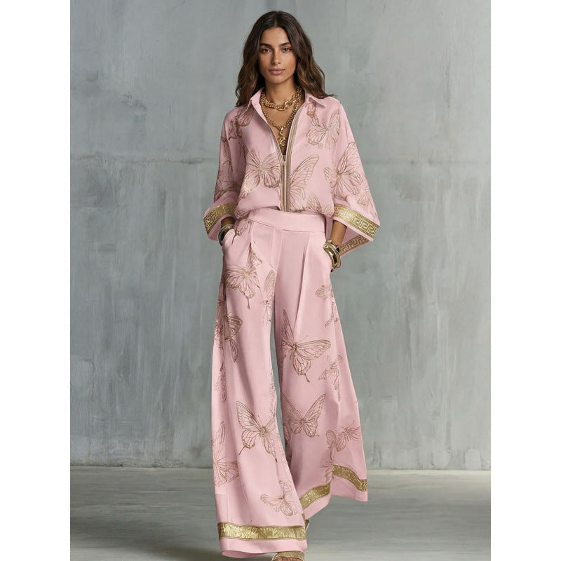 Women's Printed Sexy Deep V Loose Zip Wide Fashion Casual Suit