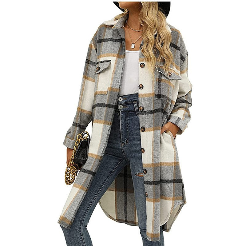 Women's Long Flannel Plaid Lapel Button Woolen Coats