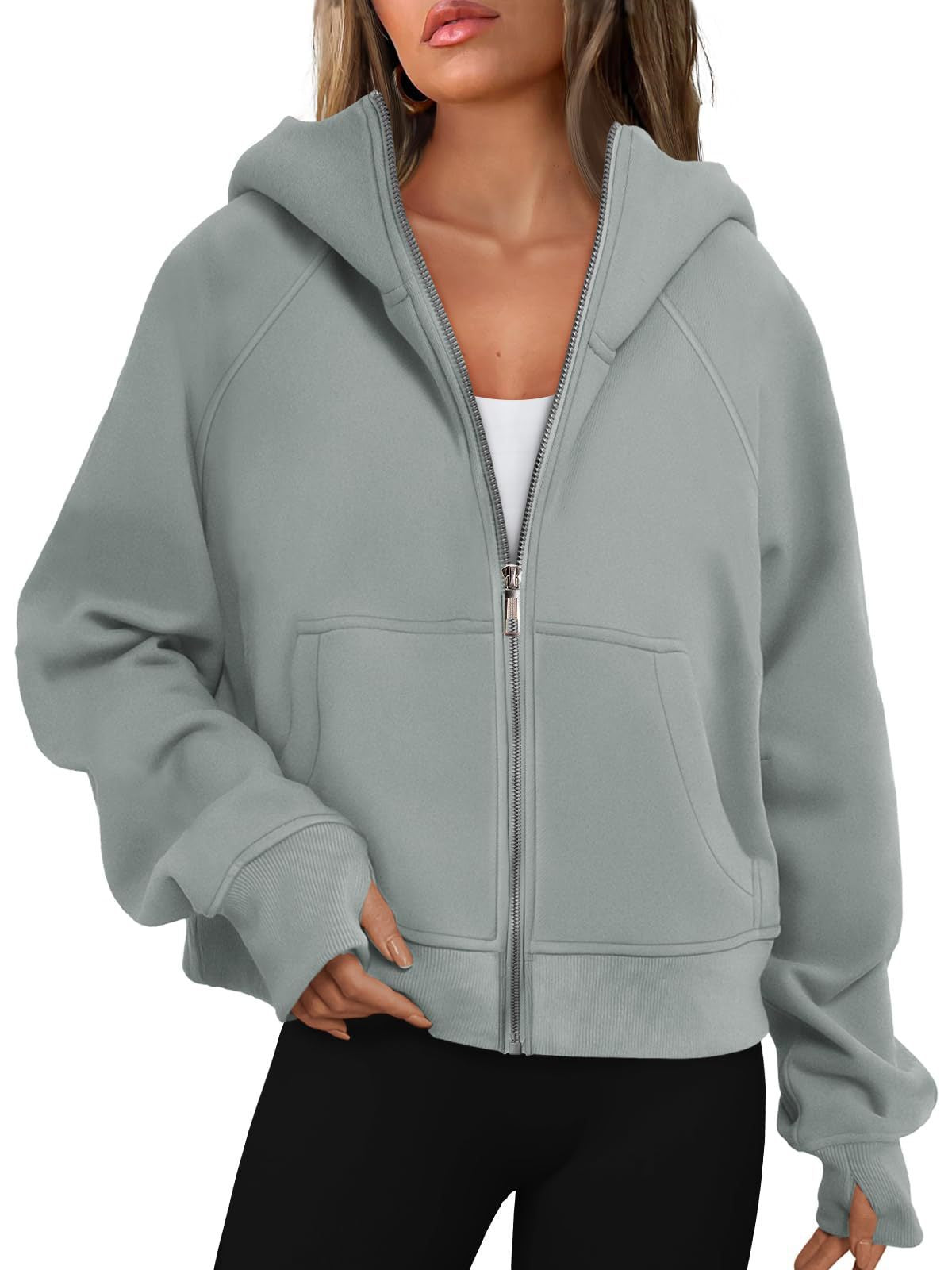 Women's Loose Zip Long Hooded Thumb Hole Brushed Women's Sweater, Sweater