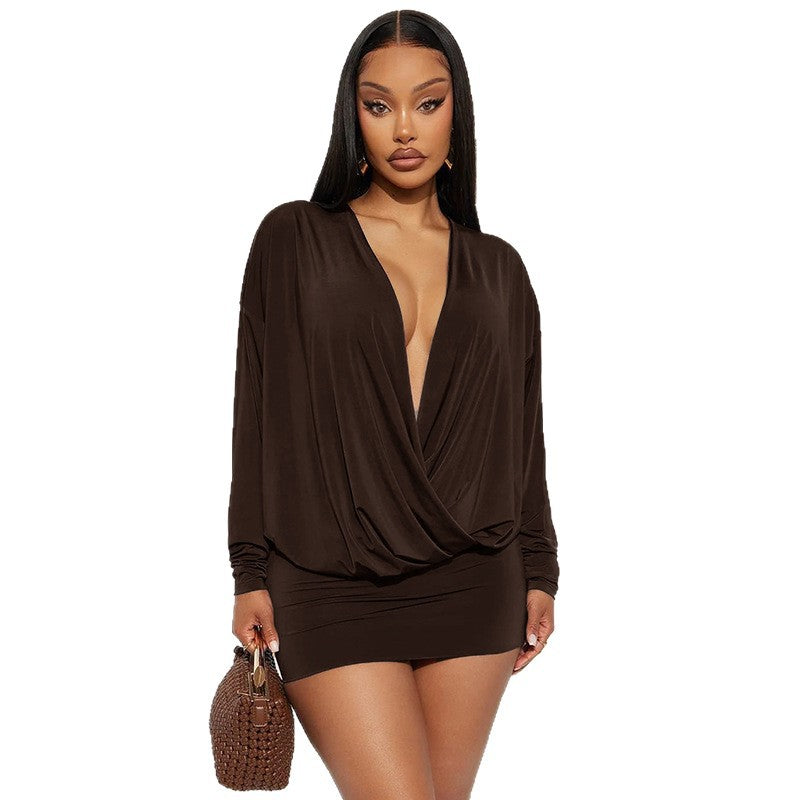 Women's Color Fashion Deep V Long Sleeve Sheath Dress