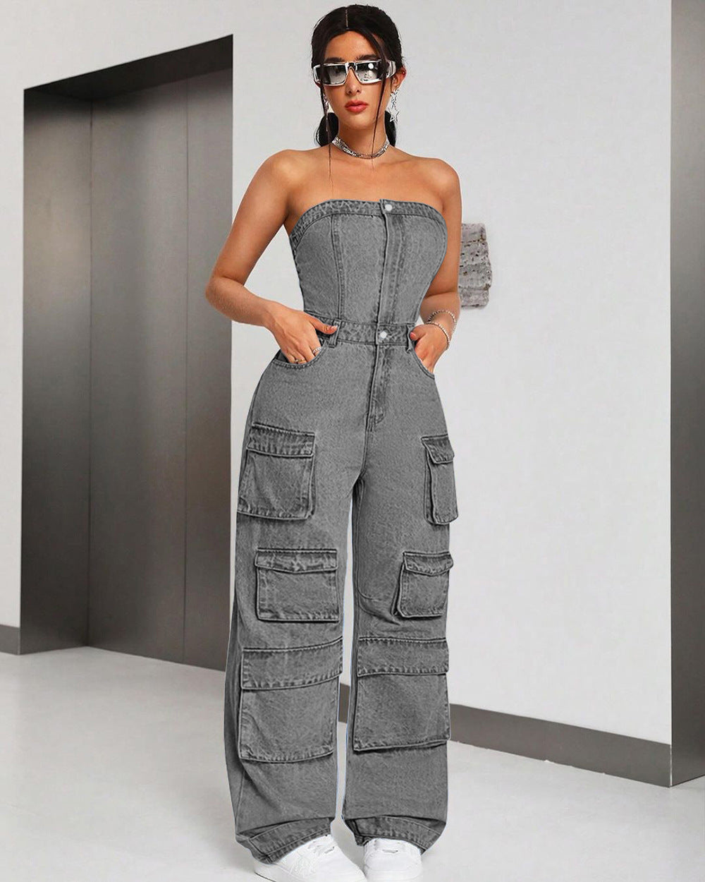 Women's Denim Fashion Hot Tube Cargo Jumpsuits