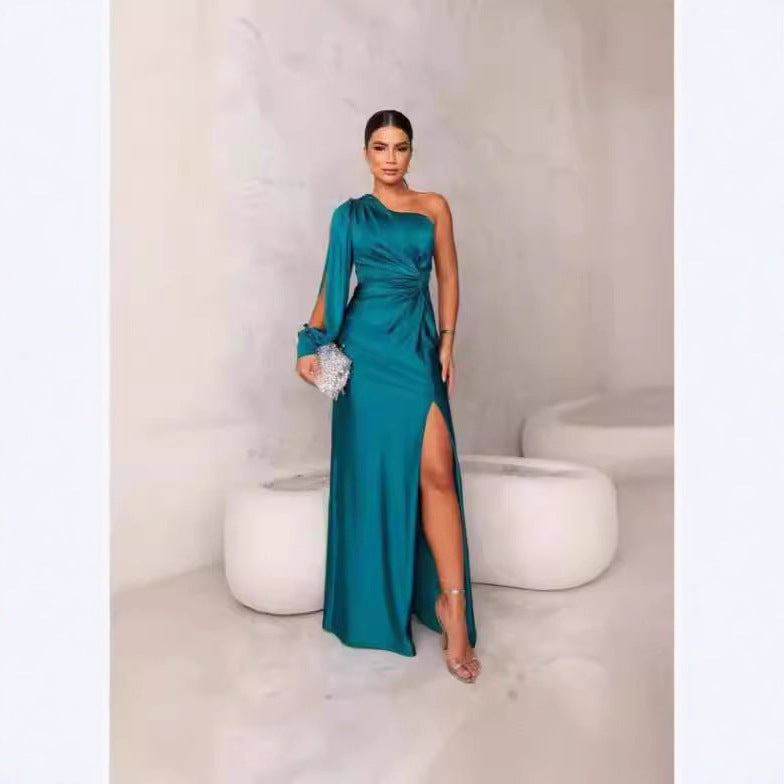 Women's Summer Diagonal Collar Raglan Sleeve Pleated Waist Tight Dresses