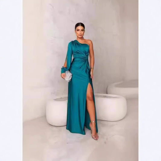 Women's Summer Diagonal Collar Raglan Sleeve Pleated Waist Tight Dresses