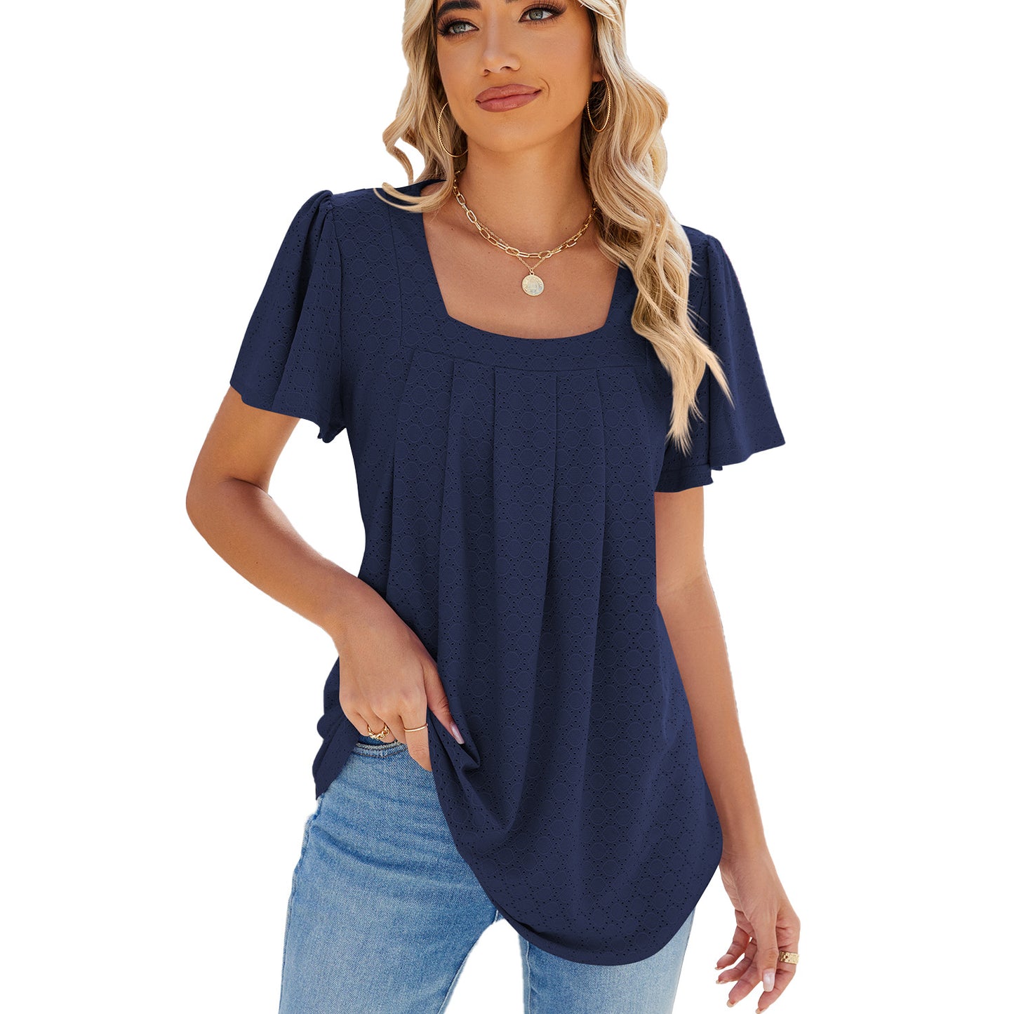 Women's Solid Color Square Collar Pleated Sleeves Blouses