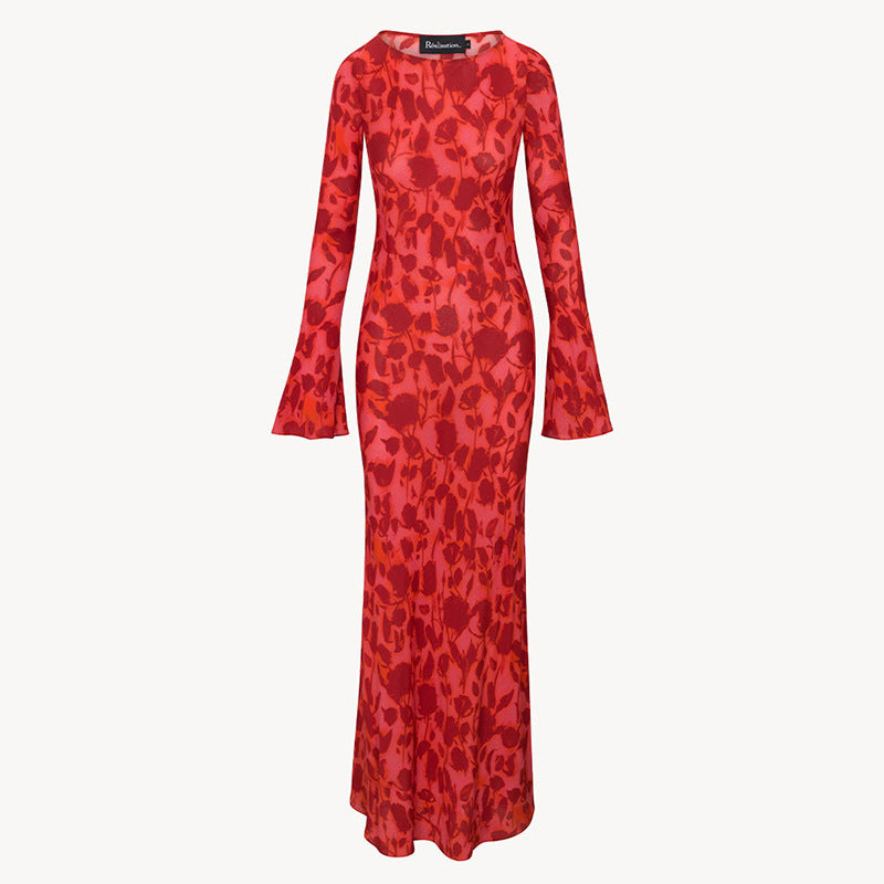 Women's Summer Red Printed Silk Blue Long Sleeve Dress Dresses