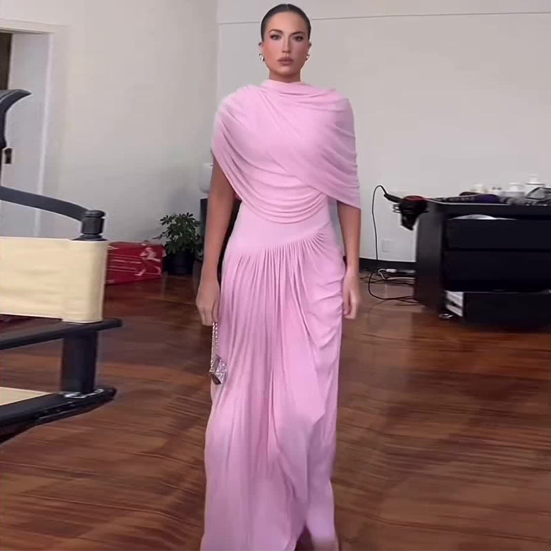 Women's Elegant Pink Stitching Ruffle Long Dress Dresses