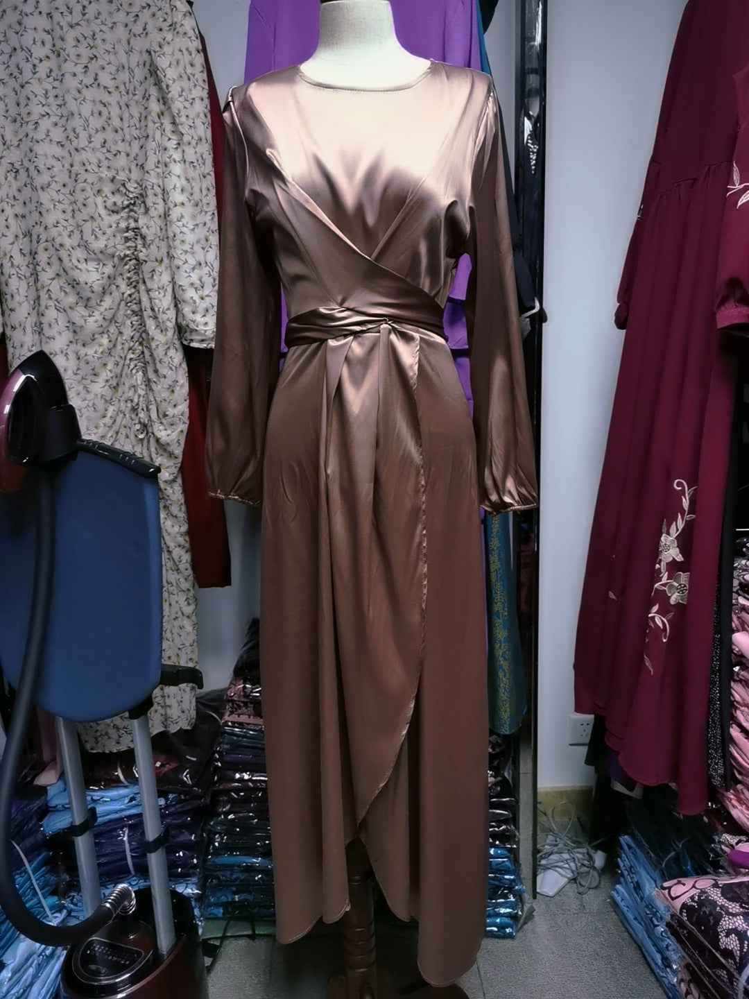 Fresh Sweet Satin Long Lantern Sleeve Lace Dress