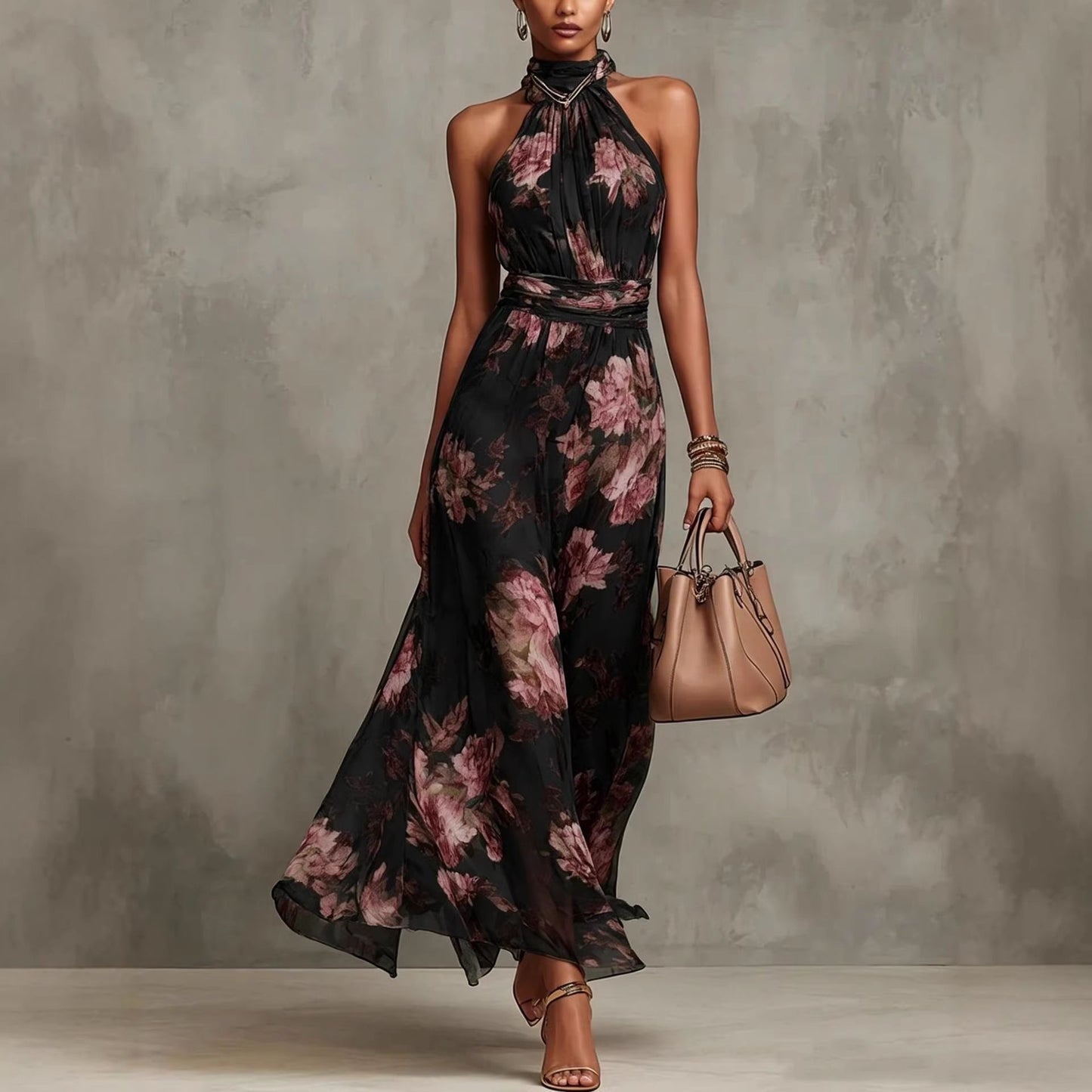 Women's Chiffon Slimming Halter Sleeveless Vacation Style Dress