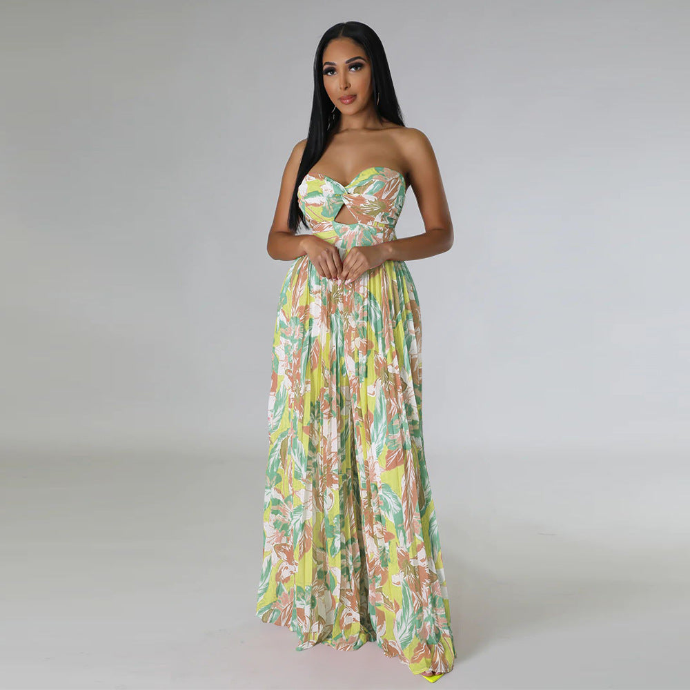 Women's Fashion Summer Sexy Backless Print Wide Jumpsuits