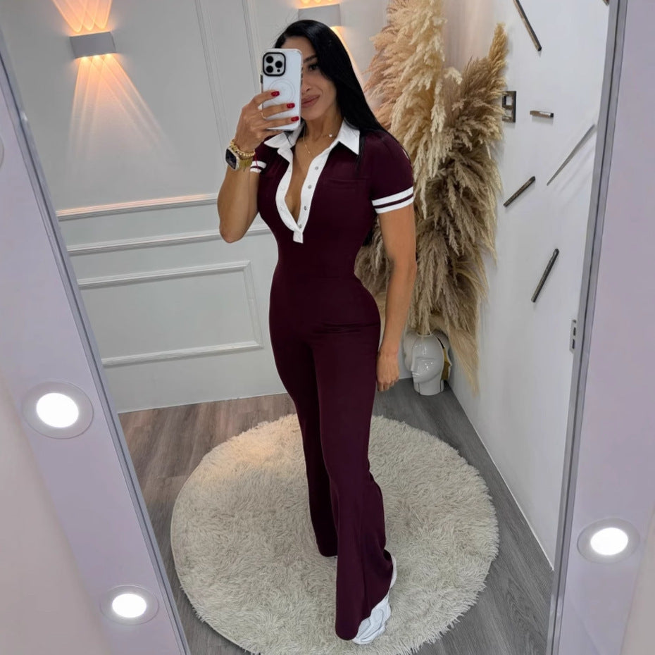 Women's Elegant Stretch Contrast Color Lapels Short-sleeved Jumpsuits