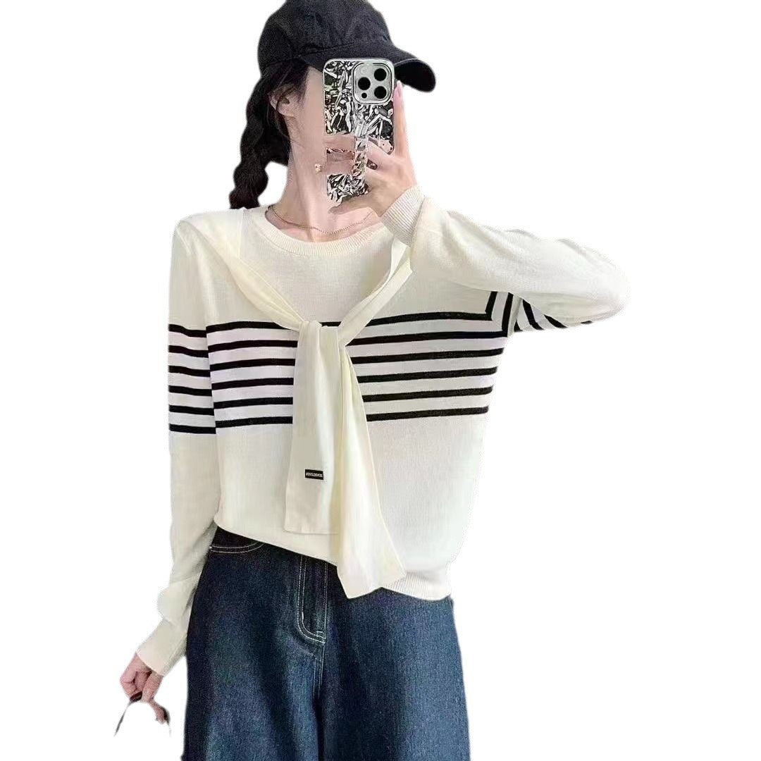 Niche Trendy Long Sleeve Striped Shawl Fake Two-piece Knitted Tops