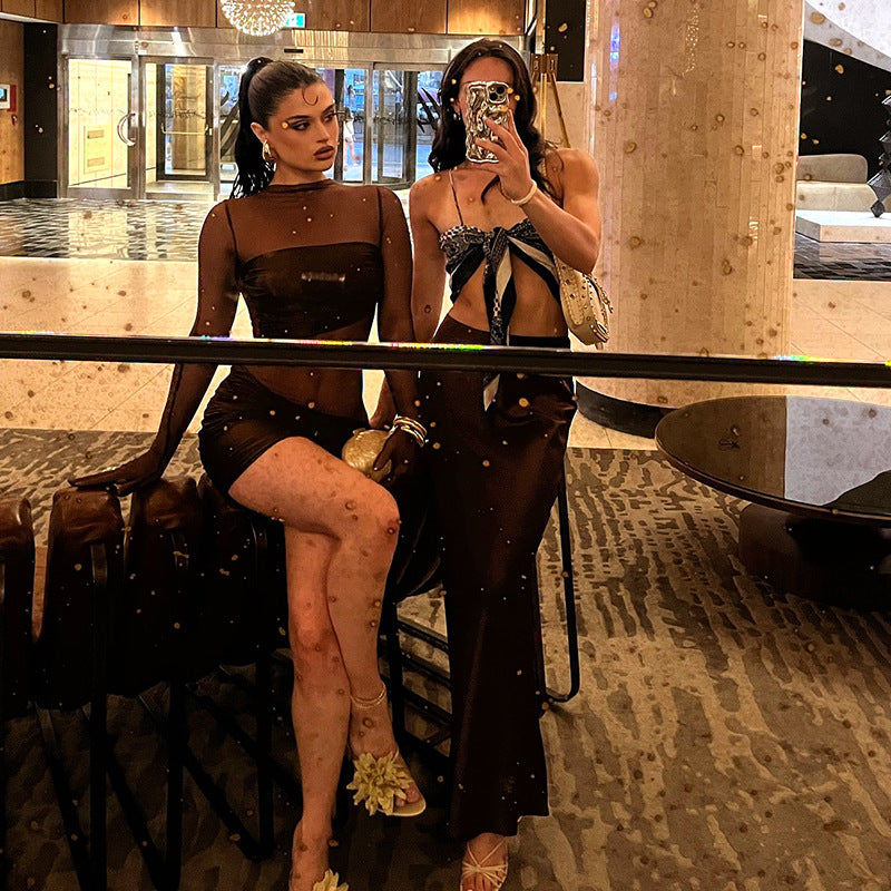 Women's Autumn Sexy Mesh Hollow Pleated Round Neck Dresses