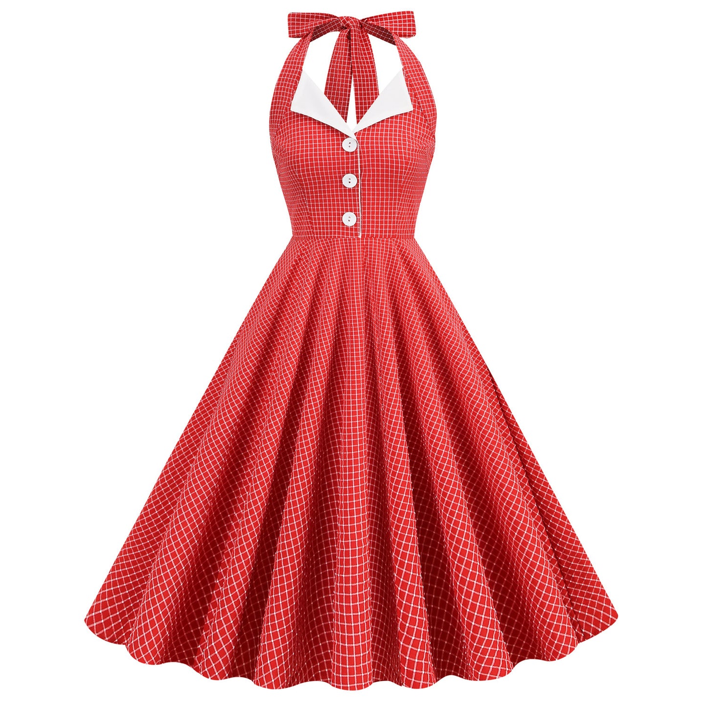 Navy Style Plaid Contrast Color Lapel Halter Large Swing Hepburn Dress