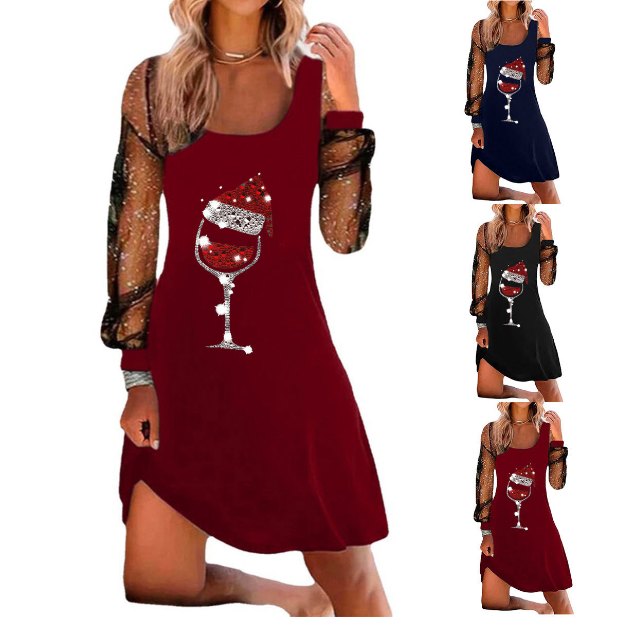 Women's Autumn Christmas Wine Glass Printed Pullover Long Clothing