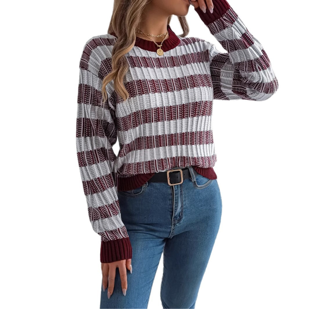 Women's Neck Vintage Stripe Lantern Long Sleeve Sweater