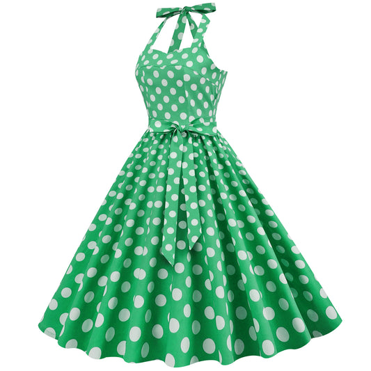 Hepburn Style Retro Dots Backless Halter Swing Puffy Dress Dresses