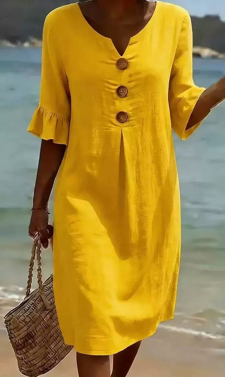 Women's Cotton Linen Large Buttons Ruffle Sleeve Dress