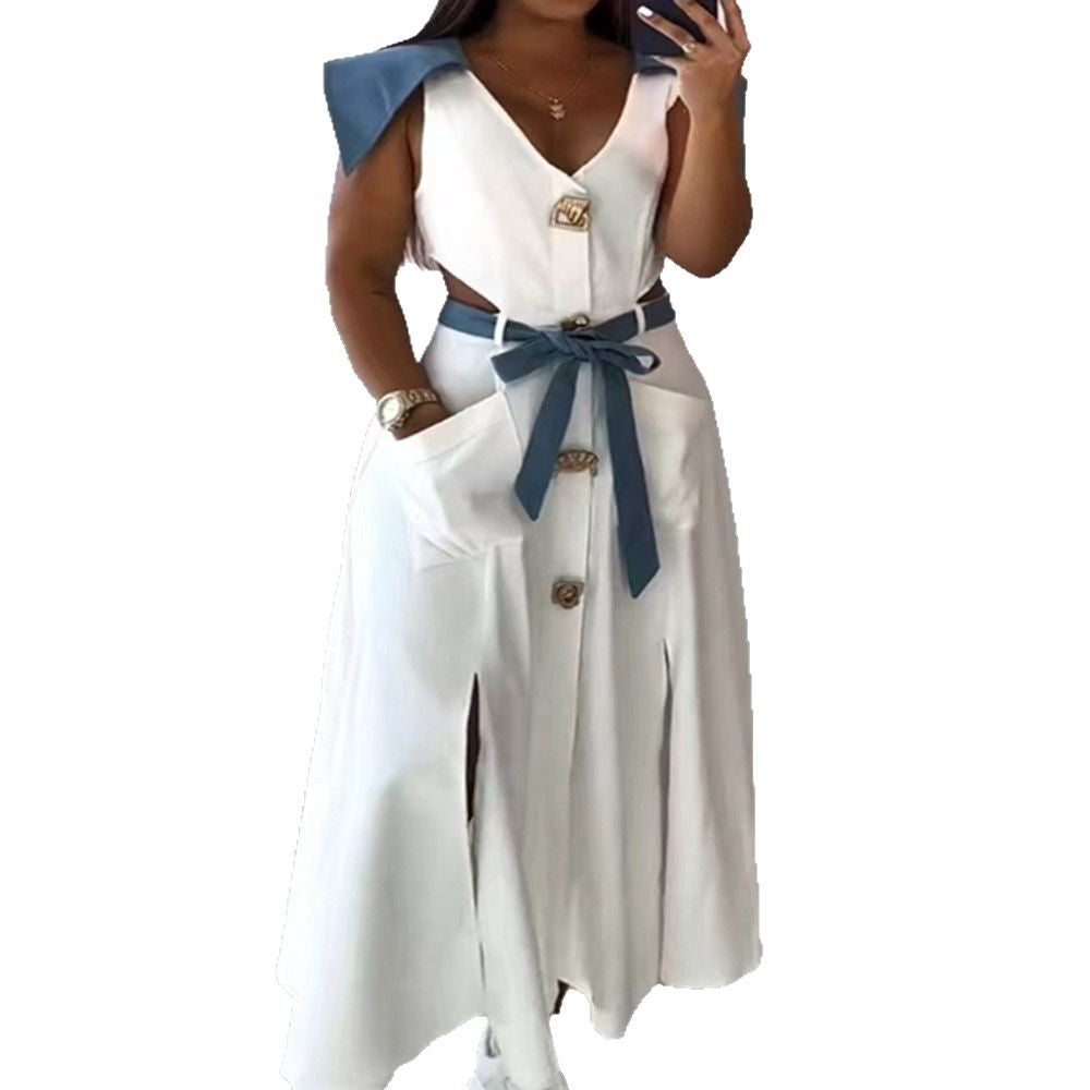 Summer Lapel Split Solid Color Belt Dress