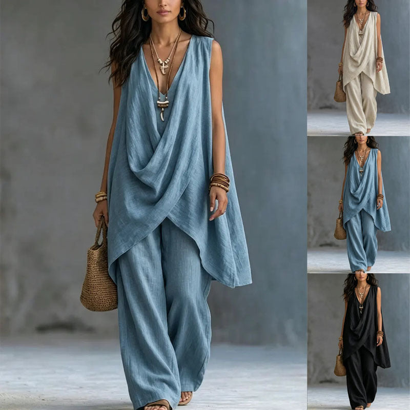 Women's Sleeveless Cross Loose Wide Leg Two-piece Fashion Casual Suit