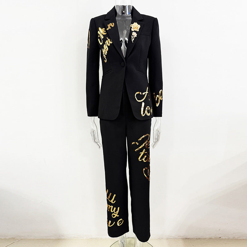 Early Spring English Alphabet Embroidery Sequined Trousers Two-piece Fashion Casual Suit