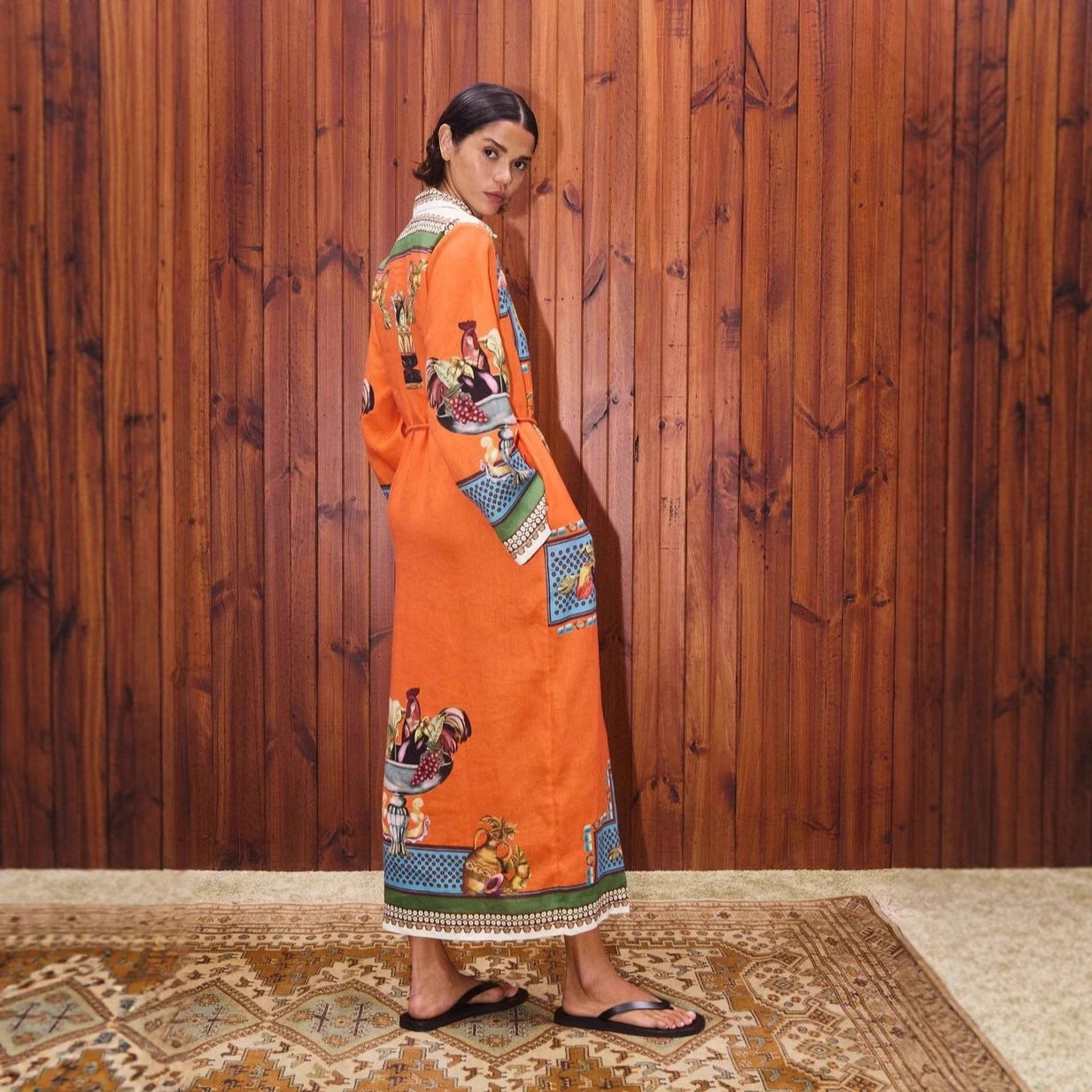 Women's Cotton Linen Printed Long Collar Dress Dresses