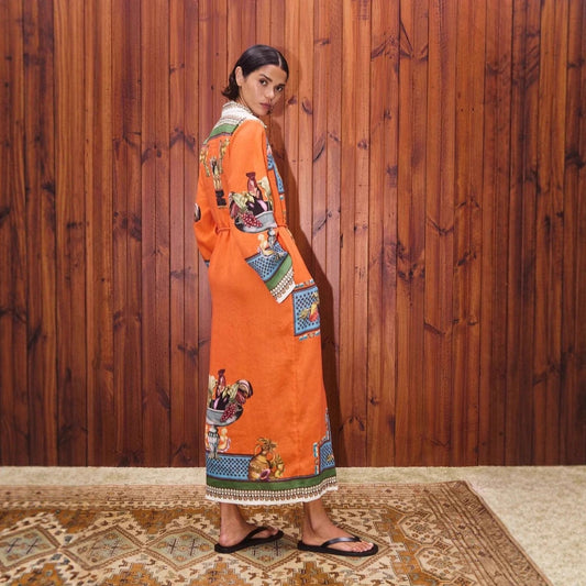 Women's Cotton Linen Printed Long Collar Dress Dresses