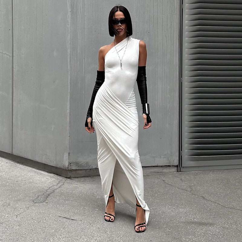 Women's Summer Solid Color Long Casual Diagonal Dress