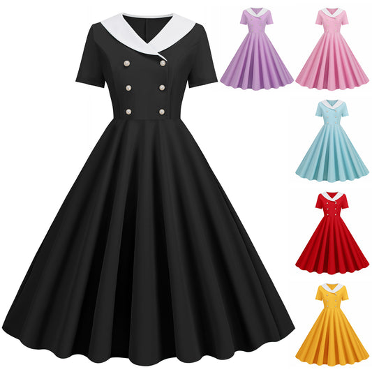 Women's Sleeve Solid Color Retro Fake Buckle Dresses