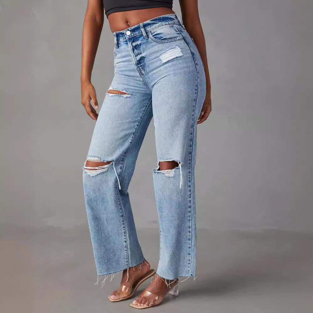 Women's Ripped High Waist Straight Washed Worn Jeans