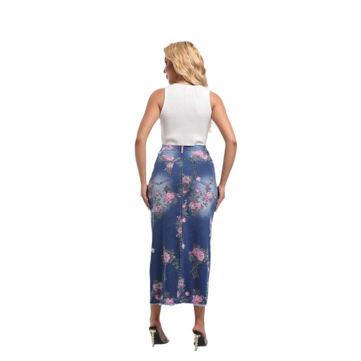 Women's New Printed Midi Denim Dress Skirts